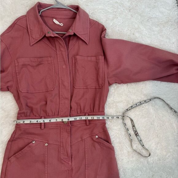 Avec Les Filles Pink Coverall Denim 3/4 Snap Front Patch Pocket Dress Size S - Picture 12 of 15